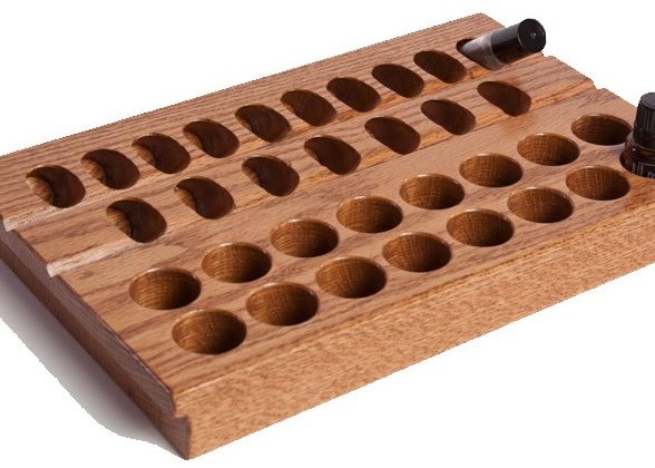 17-Tall, 16-Std Carrier Tray Essential Oil Storage with medium stain and bottles