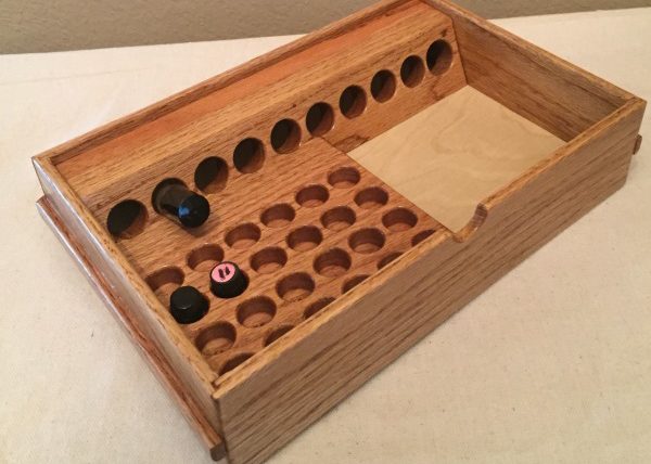 10-Tall, 24-Small Carrier Tray Essential Oil Storage with medium stain and bottles