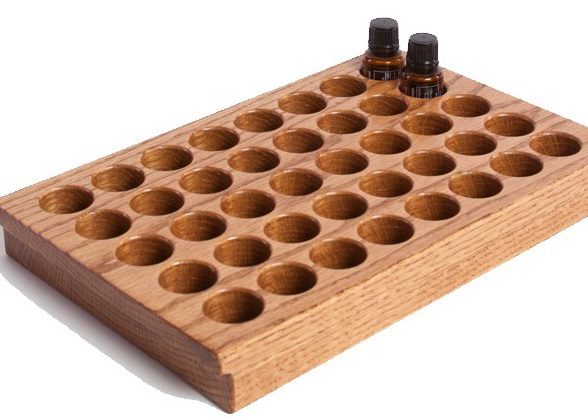 40-Bottle Carrier Tray Essential Oil Storage with medium stain and bottles